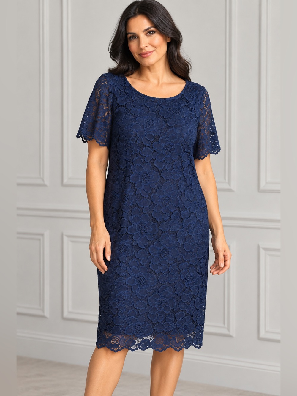 Ronni Nicole Navy Floral Lace Midi Shift Dress with Short Sleeves